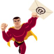 Flying superhero carrying envelope representing e-mail.
